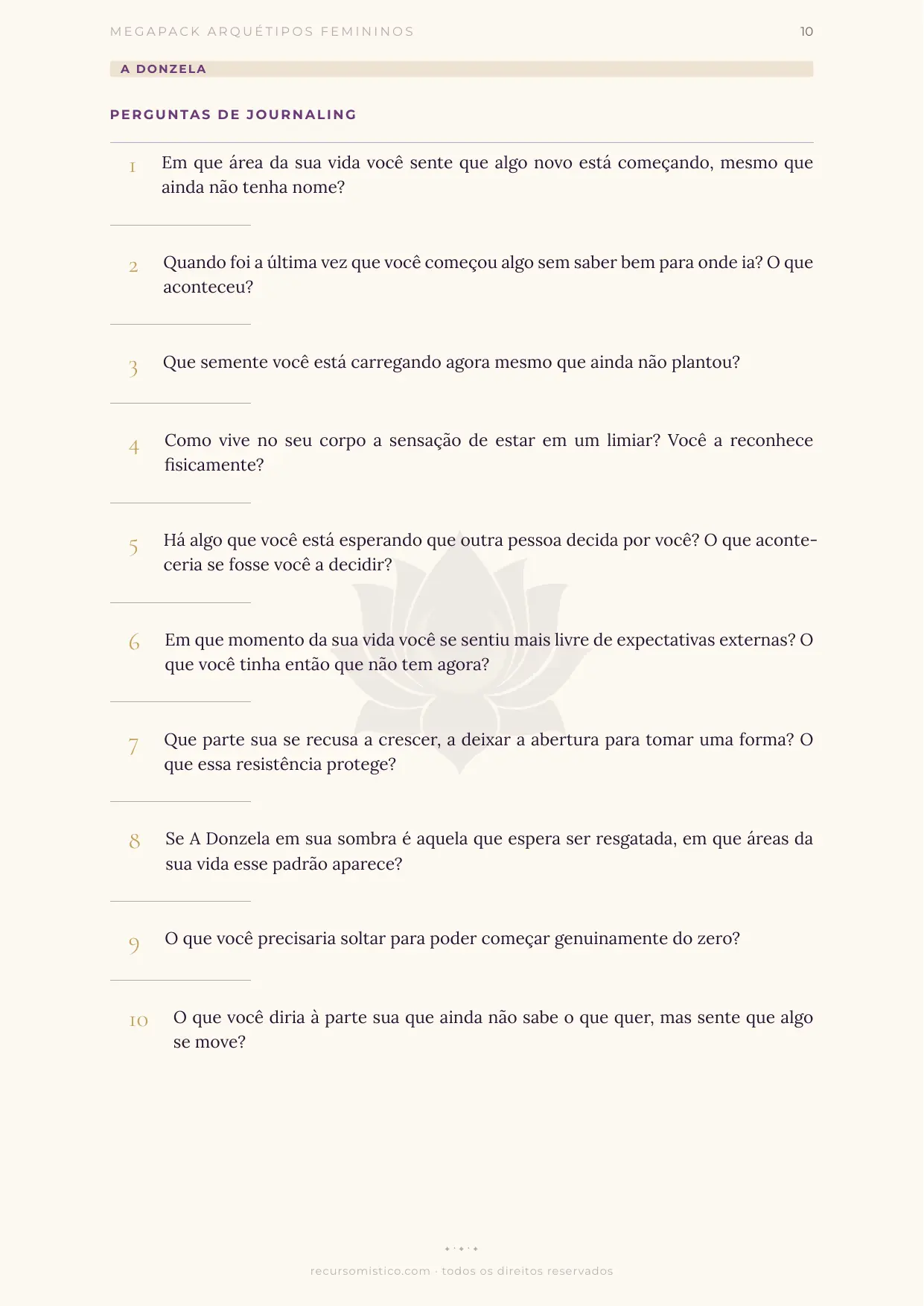 Ficha da Donzela: perguntas de journaling, com as 10 perguntas numeradas