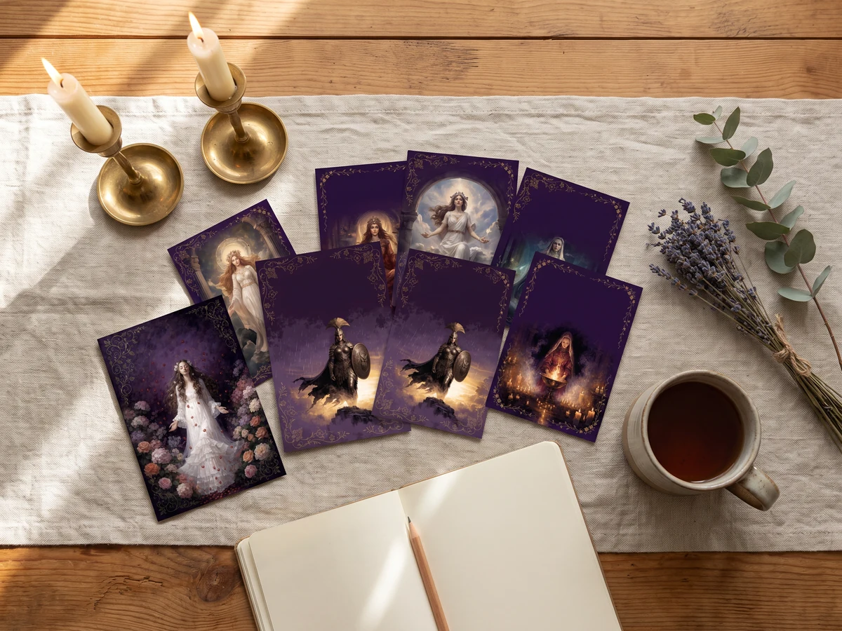 Mesa com as cartas do deck impressas, velas e um caderno