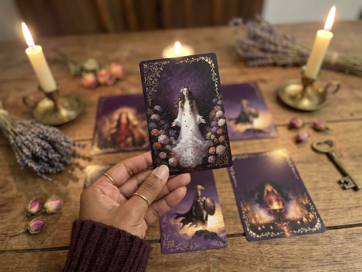 Carta do deck na mão sobre uma mesa com velas